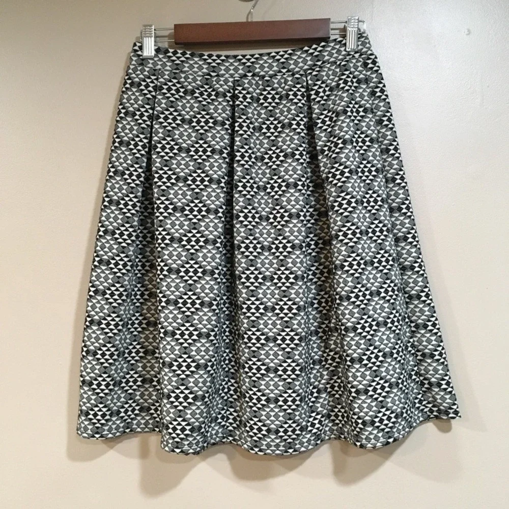 Geometric Pleated Skater Skirt Womens L Black White Mod Retro Twee Academia Work
